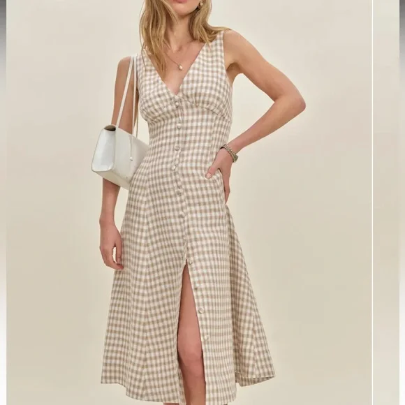 Reformation Sebastian linen Gingham Midi Dress in Cream and Tan Sz 8 - Picture 2 of 11